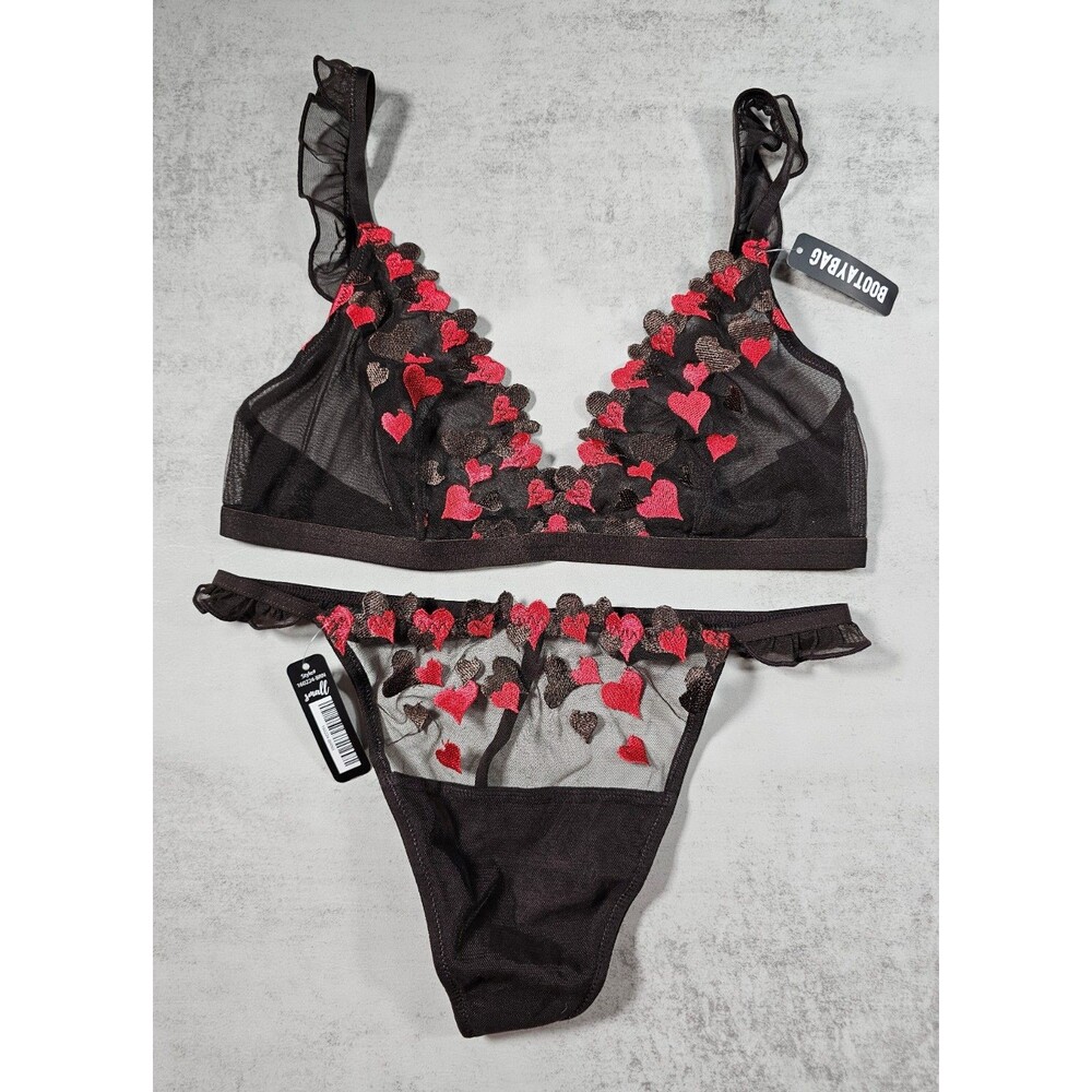 Bootaybag Embroidered Heart Lingerie Set Bralette & Thong, Brown/Red, Size S